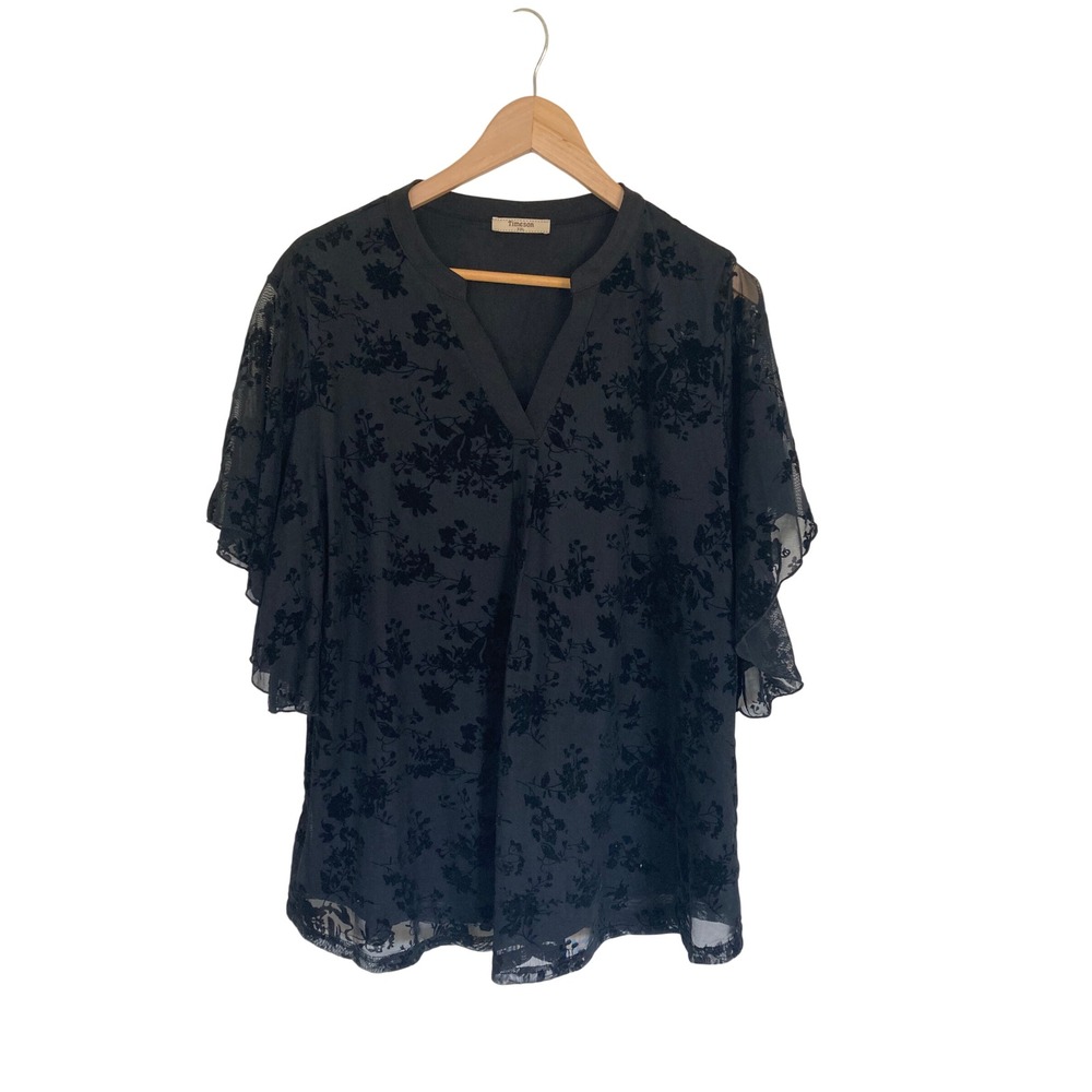 Timeson Black Burnout Velvet Floral Mesh V-Neck Tiered Bell Sleeve Blouse XXL